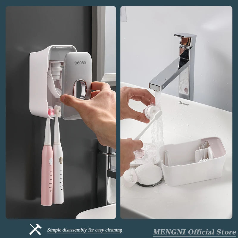 Automatic Toothpaste Dispenser – Wall Mounted Toothpaste Squeezer with Toothbrush Holder Rack, Punch-Free Bathroom Organizer