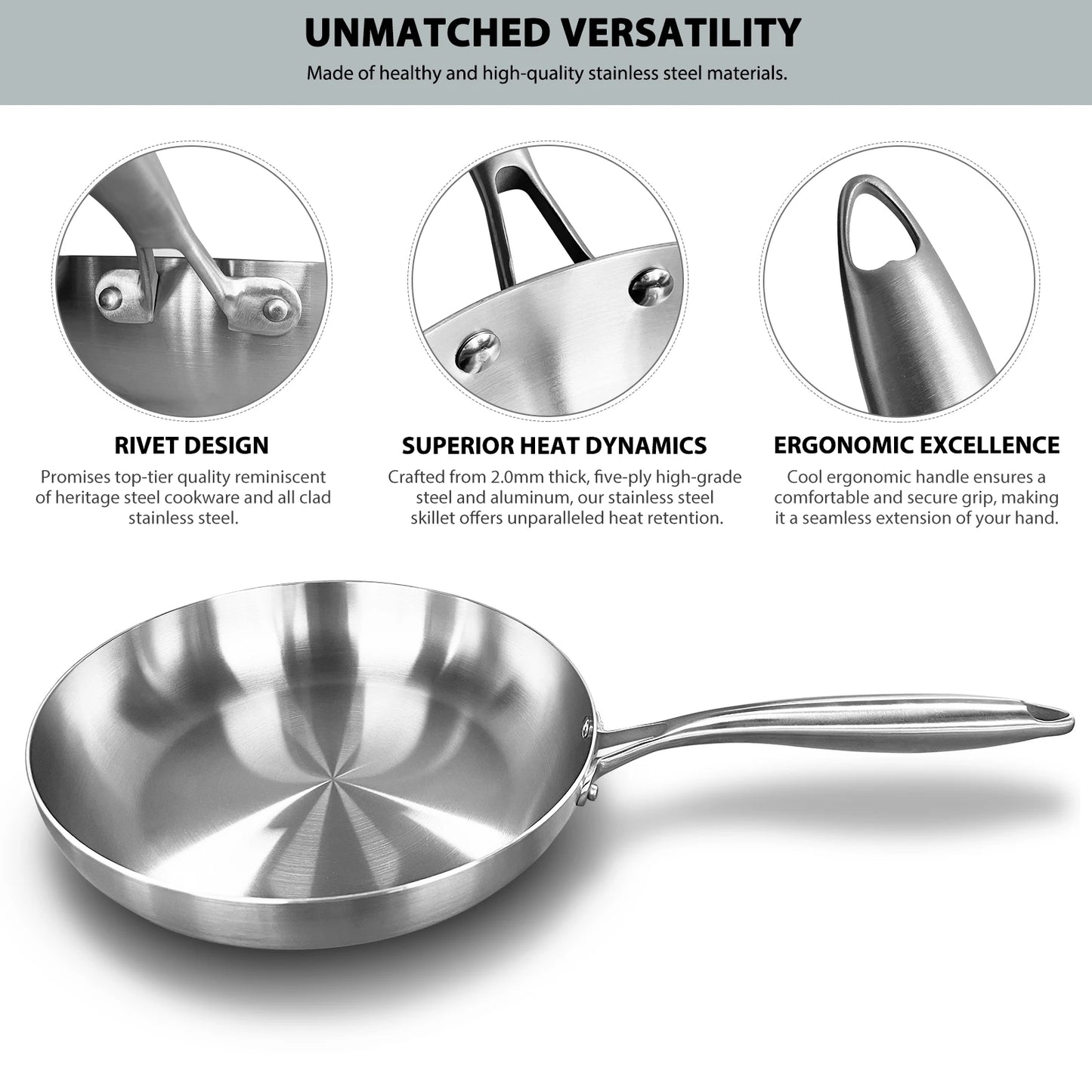 304 Stainless Steel Frying Pan – Nonstick Skillet, Uncoated Cookware for Gas & Induction Stoves, Steak & Everyday Cooking Pot