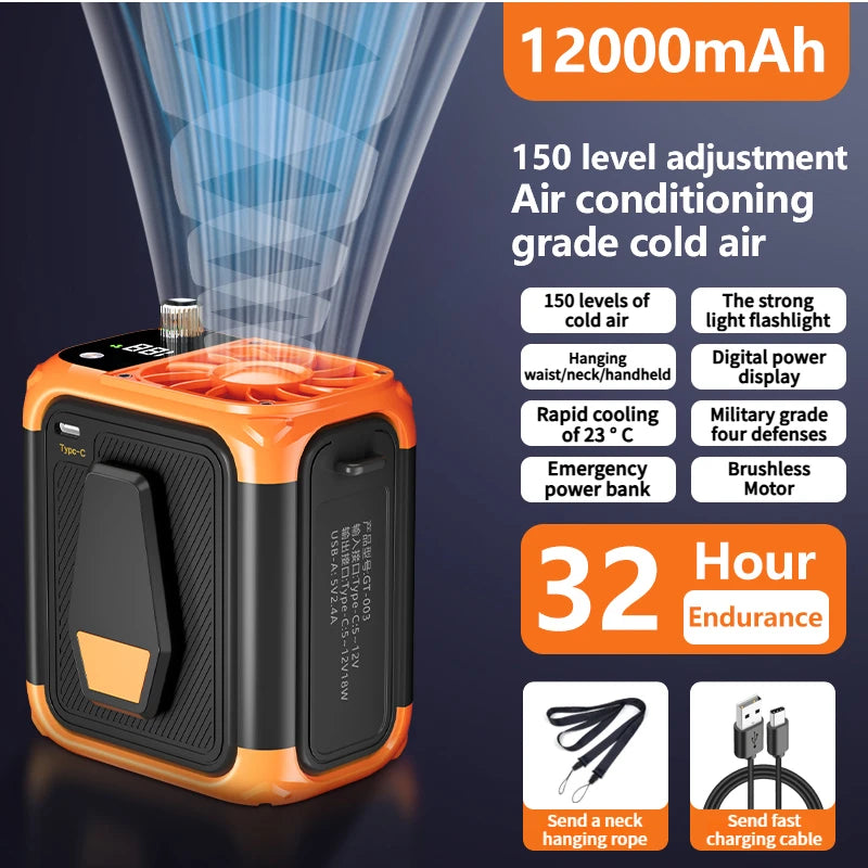 Mini Waist Fan & Bladeless Neck Fan – USB Rechargeable Portable Fan with Power Bank, LED Light & Digital Display